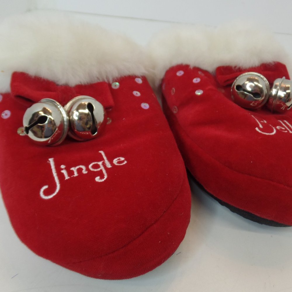Unbranded Red & White Faux Fur Lined Jingle Bells House Slippers Sz Medium